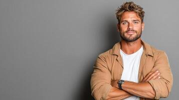confident man in casual outfit poses with arms crossed against gray background photo