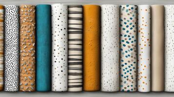Intricate patterns on colorful textile rolls showcase unique designs and textures photo