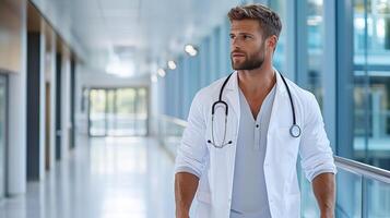 confident doctor walking in modern hospital corridor, wearing stethoscope photo