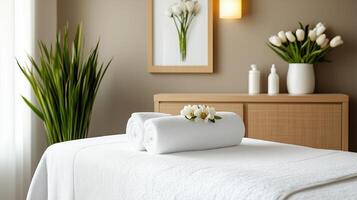 Relaxing massage table with fresh towels and flowers in serene spa setting photo