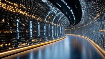 futuristic tunnel with glowing lights and digital patterns creates immersive experience photo