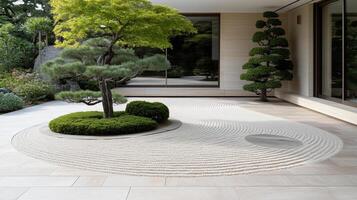 serene Japanese garden featuring raked sand pattern, lush greenery, and trees photo