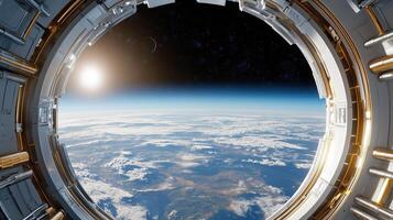 stunning view from space station window, showcasing Earth and sun photo