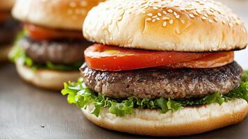 Juicy burger with fresh toppings, including lettuce and tomato, served on sesame bun photo