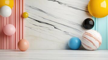 Colorful 3D spheres and shapes against marble wall background photo