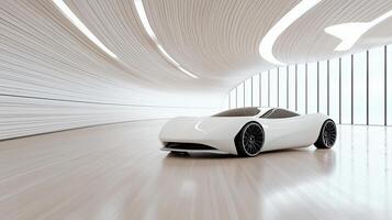Futuristic sports car in sleek, modern interior with smooth lines photo