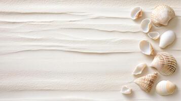 Seashells scattered on sandy beach background create serene atmosphere photo