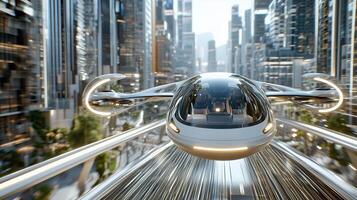 Futuristic flying vehicle soaring through modern cityscape, showcasing innovation photo