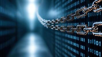 Digital chain links symbolize technology and data security in futuristic setting photo