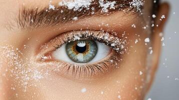 Close up of model eye with intricate makeup and snowflakes photo