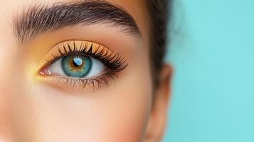Close up of model eye showcasing vibrant yellow eyeshadow and striking blue iris photo