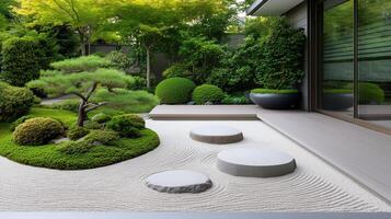 serene Japanese garden featuring sand patterns, greenery, and stones photo