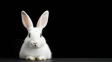 fluffy white rabbit with long ears sits against black background photo