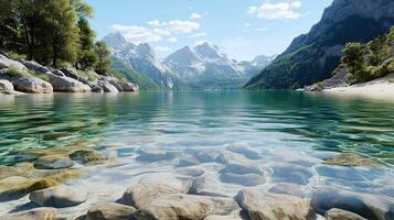 serene mountain lake with clear water and rocky shoreline, surrounded by trees and mountains photo