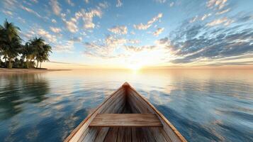 serene sunset over calm ocean with wooden boat in view photo
