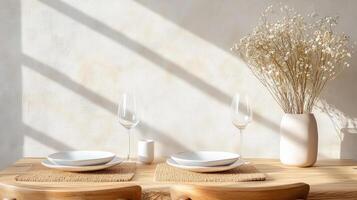 simple dining table set for two with elegant tableware and decor photo