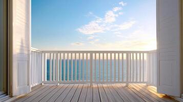 serene balcony view overlooking ocean at sunset, soft colors blend beautifully photo