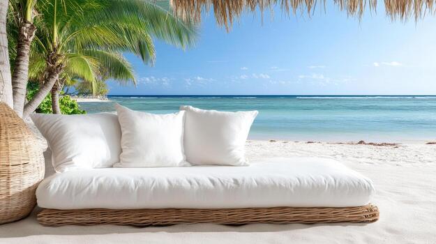 sereno playa cama con suave cojines, rodeado por palma arboles y Oceano puntos de vista foto