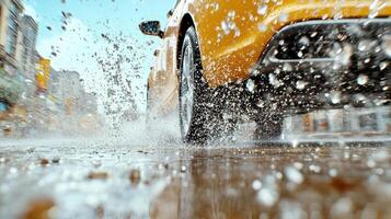 vibrant yellow taxi splashes through puddles on rainy street photo