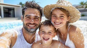 Cheerful family enjoying fun day at pool with foam and smiles photo