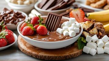 Delicious chocolate fountain with strawberries, marshmallows, and snacks photo