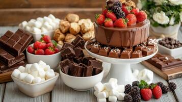 Delicious chocolate cake topped with fresh strawberries and berries photo