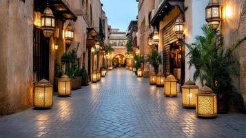 serene Moroccan street at night, illuminated by ornate lanterns and lush greenery photo