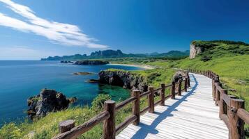 stunning coastline with wooden walkway, lush greenery, and clear blue waters photo