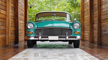 High resolution image of vintage car in wooden corridor photo