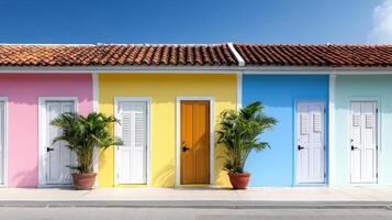 Colorful shophouses with vibrant doors and plants in pots create lively scene photo