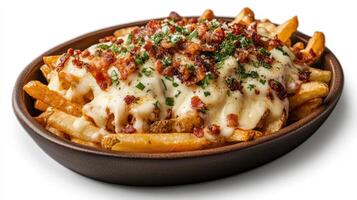 Loaded fries topped with cheese, bacon, and herbs in bowl photo