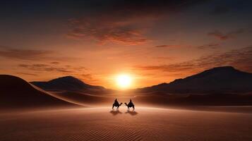 stunning sunset over Sahara with silhouettes of camels and riders photo