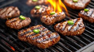 Grilled steaks with jalapeno on barbecue, creating smoky flavor photo