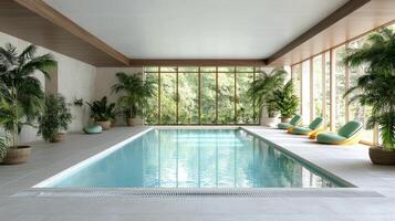 Luxurious indoor swimming pool with large windows and tropical plants photo