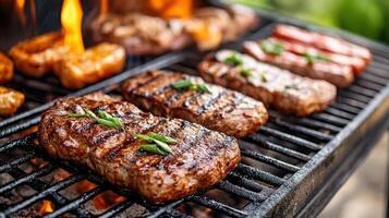Grilled steaks with herbs on barbecue, showcasing delicious flavors photo