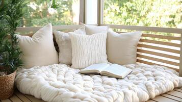 Cozy corner with soft throw, pillows, and inviting book for relaxation photo