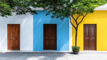 Colorful doors and vibrant walls create lively urban scene photo