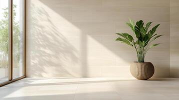 Minimalist bathroom with single plant and natural light creating serene atmosphere photo