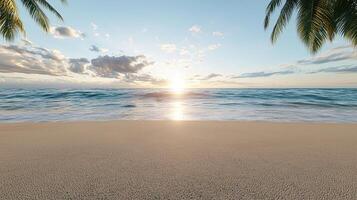 Stunning beach view with sunset over ocean and palm trees photo