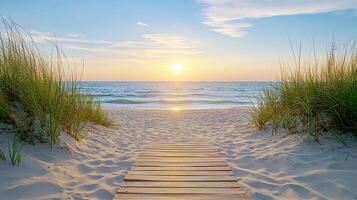 serene beach sunset with wooden pathway leading to ocean photo