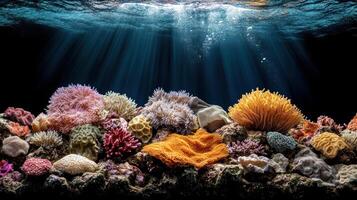 Vibrant coral reef with colorful corals and sunlight filtering through water photo