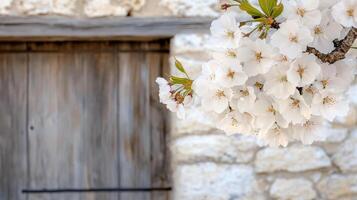 Blossoming cherry flowers against rustic wooden background evoke tranquility photo