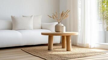 cozy corner with soft rug, cushions, and wooden coffee table photo