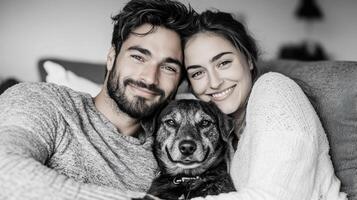 Cuddling couple with pet dog on cozy couch, sharing joy and warmth photo