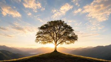 Majestic oak tree silhouetted against vibrant sunset sky photo
