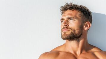 Fit man with chiseled jaw and strong physique, looking confidently photo