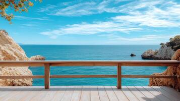 stunning coastal view from wooden deck overlooking ocean photo