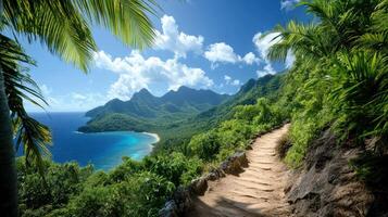 scenic hiking trail through lush greenery and mountains by ocean photo