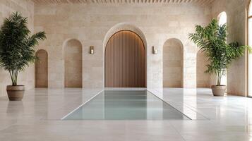 Luxurious indoor pool with elegant arches and potted plants in serene space photo