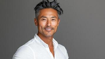 Confident Asian man smiling with stylish hair and casual attire photo
